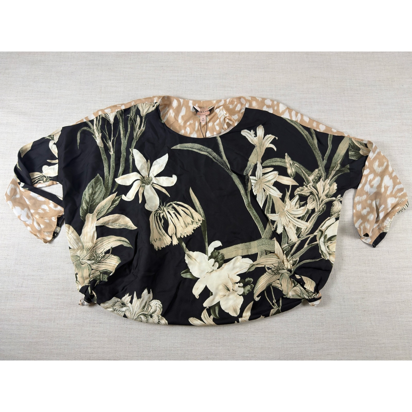 Black Label By Chicos Silk Blend Floral Leopard Mixed Print Dolman Blouse S